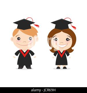 Vektor-Illustration von zwei glückliche niedlichen Kinder-Figuren. Jungen und Mädchen in Graduate Kostüme. Stock Vektor