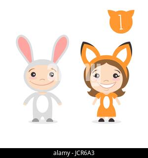 Vektor-Illustration von zwei glückliche niedlichen Kinder-Figuren. Junge Kaninchen oder Hase Kostüm und ein Mädchen im Fuchs-Kostüm. Stock Vektor