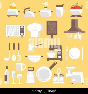 Vektor-Illustration von Küchenutensilien, Geschirr und Utensilien. Flache Format für Web, Analytik, Grafik-Design. Stock Vektor