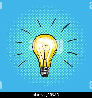 Vektor-Illustration der Pop-Art Glühbirne. Konzept der neuen Idee. Gezeichnete Handzeichen. Illustration für print, Web. Stock Vektor