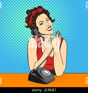 Vektor-Illustration der Pop Art schöne junge Frau mit Telefon. Retro-Stil. Glückliche Frau im Gespräch oder am Telefon. Stock Vektor