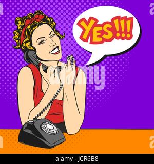 Vektor-Illustration der Pop-Art, die schöne junge Frau mit Telefon und einer Rede Blase mit dem Wort "Ja" drin. Retro-Stil. Glückliche Frau sprechen oder Stock Vektor