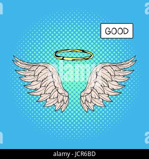 Vektor handgezeichneten Pop-Art Darstellung der Engelsflügel und Nimbus oder Halo an der Spitze. Retro-Stil. Gezeichnete Handzeichen. Illustration für print, Web. Stock Vektor
