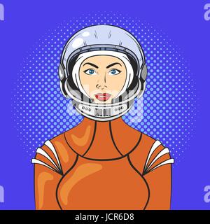 Vektor-Illustration der Pop Art schöne junge Frau in Astronaut Helm und Raumanzug... Retro-Stil. Stock Vektor