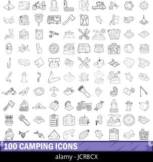 100 camping Icons Set, Umriss-Stil Stock Vektor