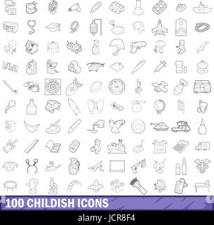 100 kindisch Icons Set, Umriss-Stil Stock Vektor