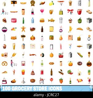 100 Lebensmittelgeschäft Icons set, cartoon-Stil Stock Vektor