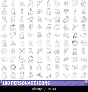 100 Persönlichkeit Icons Set, Umriss-Stil Stock Vektor