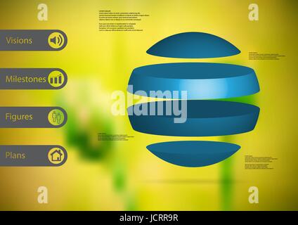 3D Illustration Infografik Vorlage mit dem Motiv des Balles horizontal geteilt in vier eigenständige blauen Abschnitte mit einfachen Zeichen und Beispieltext auf Seite Stock Vektor