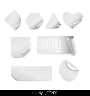 Vector Set White Papier Sticker auf Hintergrund. Rund, quadratisch, rechteckig Stock Vektor