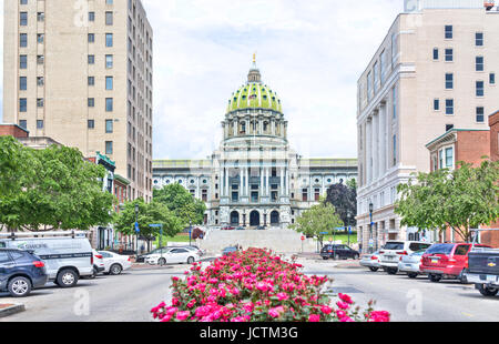 Harrisburg, USA - 24. Mai 2017: Pennsylvania Capitol Exterieur in Stadt mit vielen roten rosa Rosenbusch und Straße Stockfoto