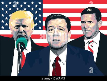 Vektor-Illustration im Zusammenhang mit James Comeys Senats Intelligence Committee hören und ihre Relevanz für Präsident Donald Trump und Michael Flynn. Stock Vektor