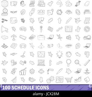100 Zeitplan Icons Set, Umriss-Stil Stock Vektor