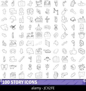 100 Geschichte Symbole gesetzt, Umriss-Stil Stock Vektor