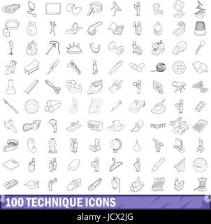 100 Technik Icons Set, Umriss-Stil Stock Vektor