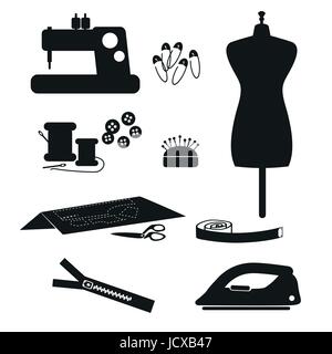 Werkzeuge und Materialien Nähen Icon-Set isoliert auf weißem Hintergrund. Vektor-Illustration. Stock Vektor