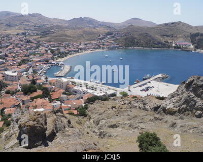 Myrina Stadt von der Burg, Limnos oder Lemnos Insel, Griechenland, Juni 2017 Stockfoto