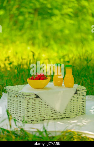 Sommerzeit: Picknick auf dem Rasen - Saft und Beeren. Selektiven Fokus. Stockfoto