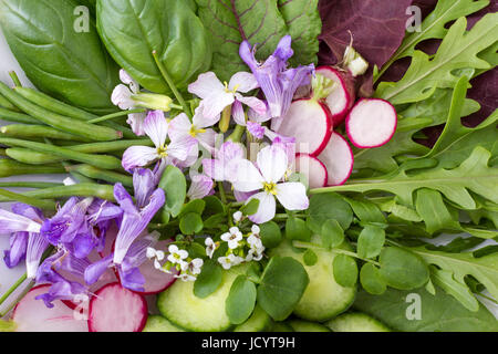 Salat mit verschiedenen Blättern, Gemüse und Blumen Stockfoto