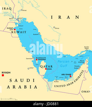 Persischer Golf Region Länder politische Karte. Iran, Irak, Kuwait, Katar, Bahrain, Vereinigte Arabische Emirate, Saudi Arabien, Oman. Abbildung. Englisch. Stockfoto