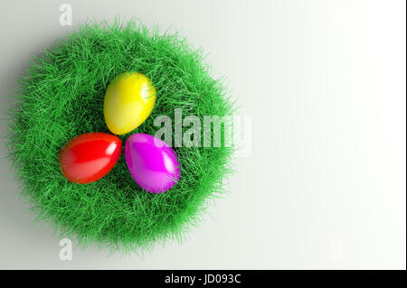 3D Abbildung; Osternest mit drei bunten Eiern Stockfoto