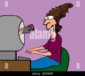 Geschäft Cartoon Illustration eine Geschäftsfrau, betonte bei der Firma Spionage auf ihrem Computer-Nutzung. Stockfoto