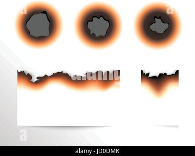 Satz von verbrannten Stück Papier und verbrannten Löcher auf weißem Hintergrund isoliert Vektor-Illustration. Stock Vektor