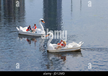 Die Menschen genießen heißen Tag in Swan Tretboote am Fluss Lea im Queen Elizabeth Olympic Park, London England United Kingdom UK Stockfoto