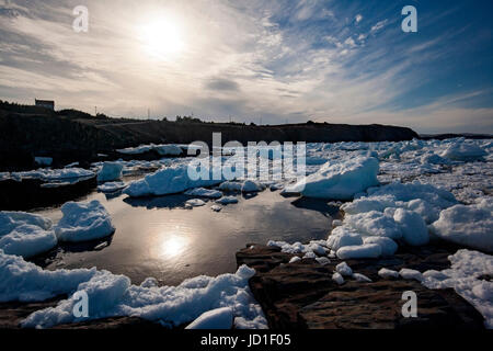 Meer Sonne und Eis Reflexionen im Maberly, in der Nähe von Elliston auf Cape Bonavista, Neufundland, Kanada Stockfoto