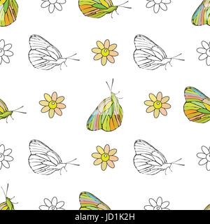 Schmetterling auf einem weißen Hintergrund unter den Blumen. Nahtlose Muster. Illustration für Ihr Design. Stock Vektor