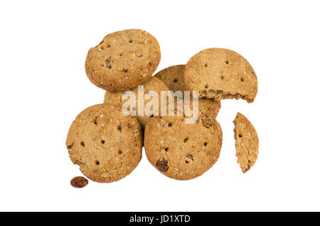 Haferflocken-Cookies mit Rosinen und Mandeln obendrauf isoliert auf weiss Stockfoto