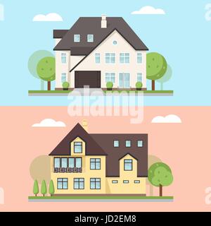 Vektor-Illustration von zwei Einfamilienhäusern oder auf dem Land. Großes privates Ferienhaus für Immobilien Broschüren oder Web-Symbol. Stock Vektor
