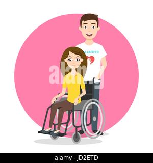 Vektor-Illustration der jungen Frau im Rollstuhl. Freiwillige kümmert für behinderte Menschen. Stock Vektor
