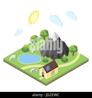 Isometrischen 3d Illustration Haus in den Bergen. Outdoor-Landschaft. Stock Vektor