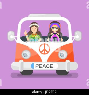 Vektor-Illustration von zwei glücklichen Hippie-Mann und Frau im Auto. Stock Vektor