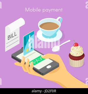 Vektor isometrischen 3d Konzept für mobile Online-Zahlung. Hand mit Smartphone mit grünen Pay-Taste. Stock Vektor