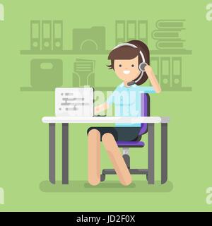 Vektor-flacher Stil Illustration junge schöne Frau, die als ein Call-Center-Betreiber tätig. Stock Vektor
