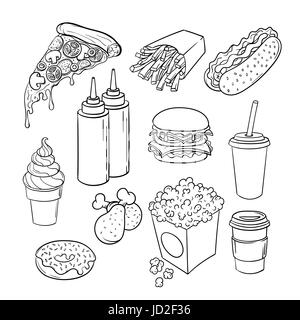 Vektor-handgezeichnete Pop-Art monochrome Set von Fast Food. Illustration von Ketchup und Senf, Burger, Hähnchenschenkel, Pizza und Hot-Dog. Retro-Stil. Hand Stock Vektor