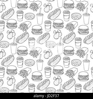 Vektor handgezeichneten Pop-Art monochrome Fastfood Muster. Illustration von Burger, Hähnchenschenkel und Hot Dog. Retro-Stil. Gezeichnete Handzeichen. Abbildung Stock Vektor