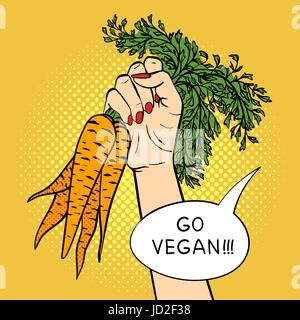Vektor handgezeichneten Pop-Art Abbildung Hand mit Karotte. Vegane Agitation. Retro-Stil. Gezeichnete Handzeichen. Illustration für print, Web. Stock Vektor