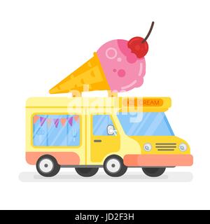 Vektor-flacher Stil Illustration Eis bunte Auto mit großen Eis auf seiner Spitze. Isoliert auf weißem Hintergrund. Stock Vektor