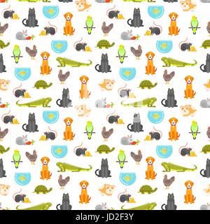 Vektor flachen Stil bunte nahtlose Muster mit nach Hause Haustier. Illustration von Katze, Hund und Papagei. Weißen Hintergrund. Stock Vektor
