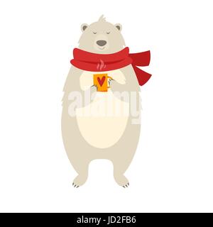 Cartoon-Stil Vektorgrafik Weihnachten Eisbären mit Tasse. Symbol für das Web. Isoliert auf weißem Hintergrund. Grußkarten-Vorlage. Stock Vektor