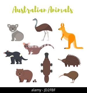 Vektor-flachen Stil-Set von australischen Tieren. Symbol für das Web. Isoliert auf weißem Hintergrund. Stock Vektor
