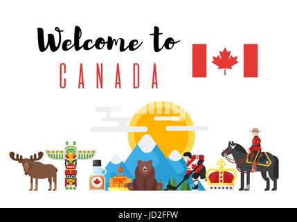 Vektor-flachen Stil-Set von kanadischen nationalen kulturellen Symbolen. Willkommen Sie in Kanada Vorlage für Banner oder Poster für Touristen. Isoliert auf weißem Hintergrund Stock Vektor