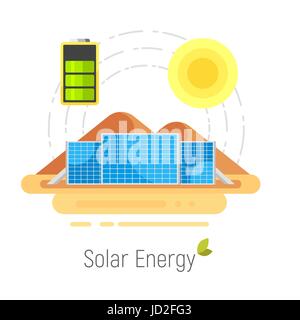 Vektor flache Style-Konzept für Ökologie solar Energie. Sonnenkollektoren in Wüste. Alternative Energiequelle. Isoliert auf weißem Hintergrund. Stock Vektor