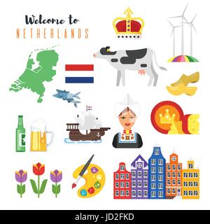 Vektor flache Stilgruppe Niederlande nationaler kultureller Symbole. Symbol für das Web. Isoliert auf weißem Hintergrund. Stock Vektor