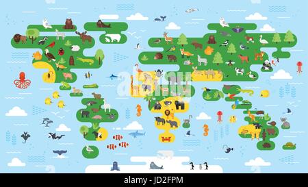Flache große abstrakte Welt Vektorkarte mit Tieren. Bunte Vektor-Illustration für Kinder mit allen Kontinenten für die vorschulische Bildung. Stock Vektor