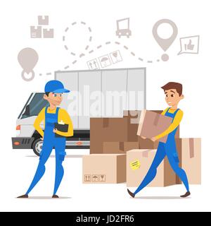 Vektorgrafik-Cartoon-Stil der Lader Mover Mann tragen Kartons. Papier-Boxen und ein LKW. Konzept für das Haus zu bewegen. Isoliert auf weiss Stock Vektor