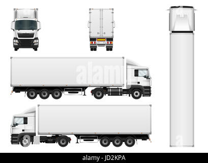 LKW-Anhänger-Abbildung auf weißem Hintergrund isoliert. Frachtfahrzeug liefern. Stockfoto